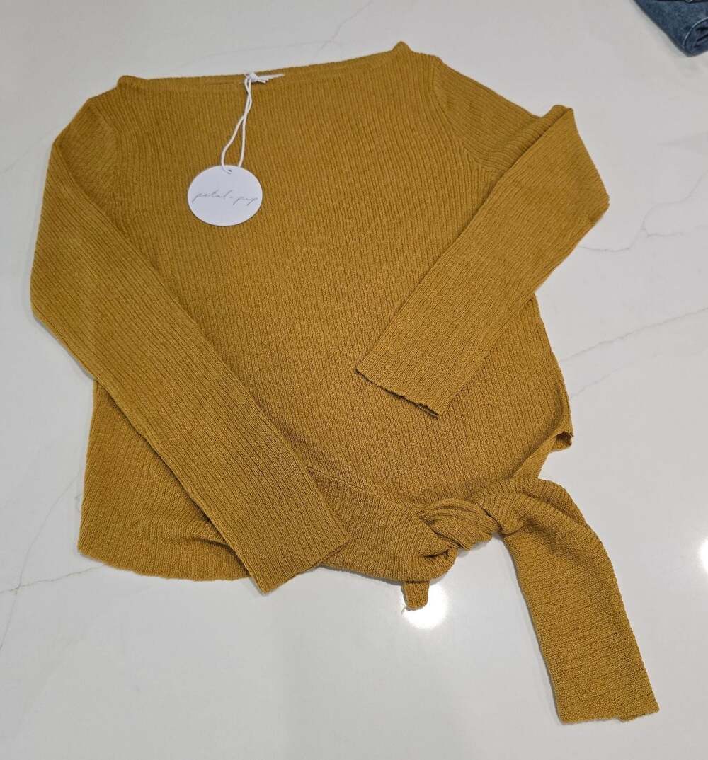 Petal & Pup Mustard Yellow Ribbed Side Tie Sweater S/M NWT